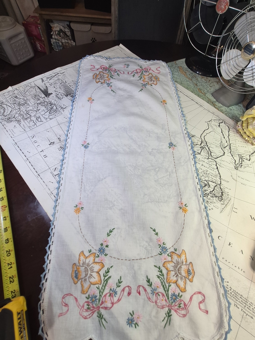 Embroidered Floral Table Runner - White with Pink & Yellow Accents
